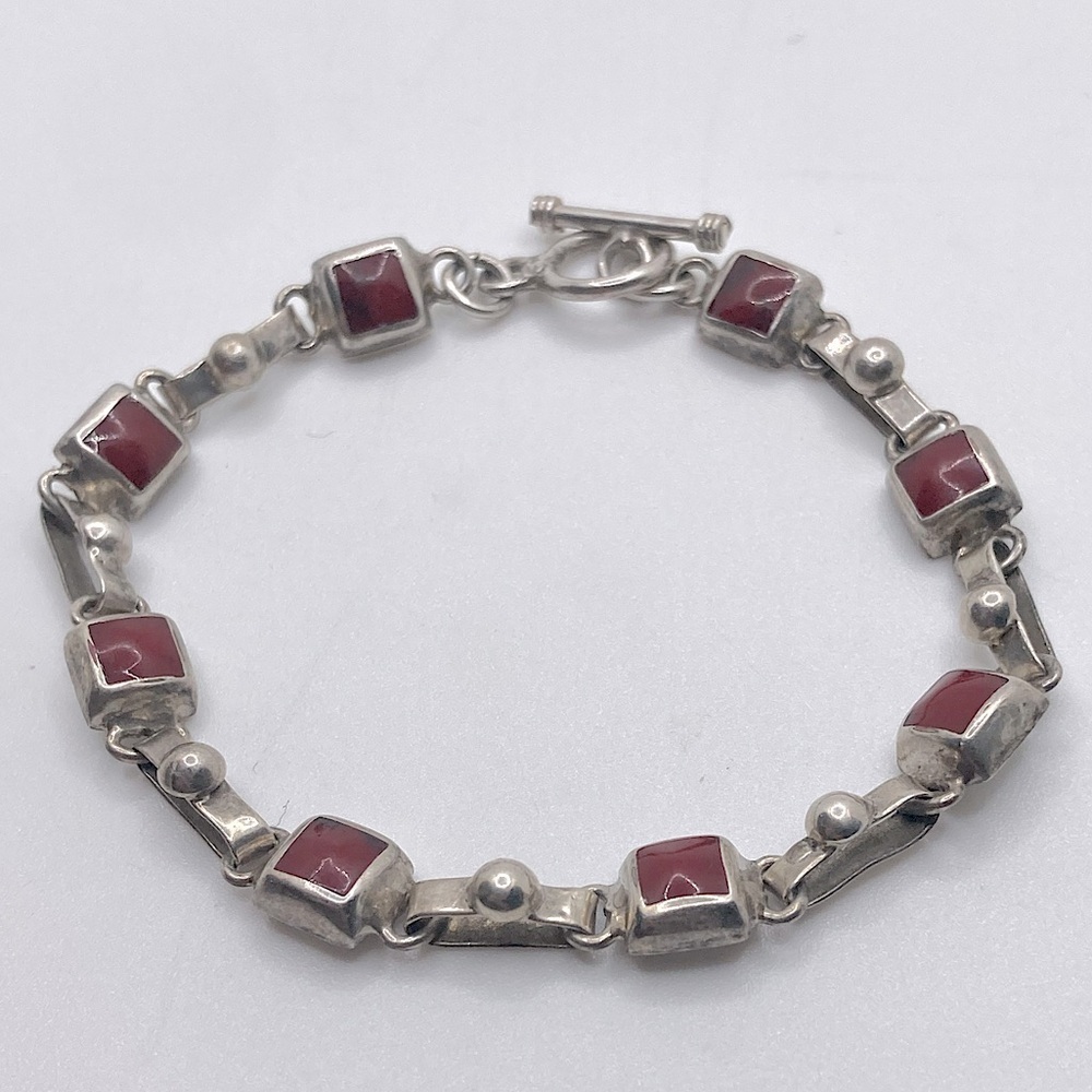 STERLING Silver Jasper Stone Panel Link Toggle Clasp Bracelet 7.5” - Vintage - Picture 1 of 8
